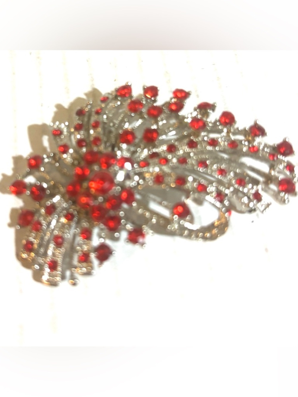 Red Crystal Brooch - Silver Tone Floral Statement Pin